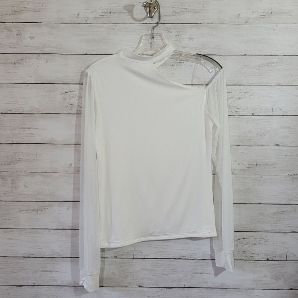 Women’s Small One Shoulder Fitted Top Sexy Sheer Chiffon Sleeve Blouse NWT - Picture 10 of 14